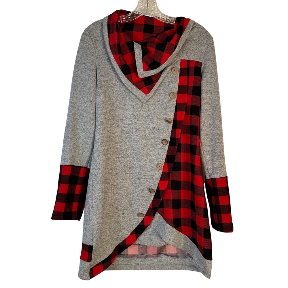 Dressfo Womens Buffalo Plaid‎ Asymmetrical Cowl Neck Tunic Gray Red Size 8